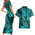 Hawaii Fish Hook Couples Matching Short Sleeve Bodycon Dress and Hawaiian Shirt Hibiscus Hawaii Tribal Tattoo Turquoise Version LT01 - Polynesian Pride