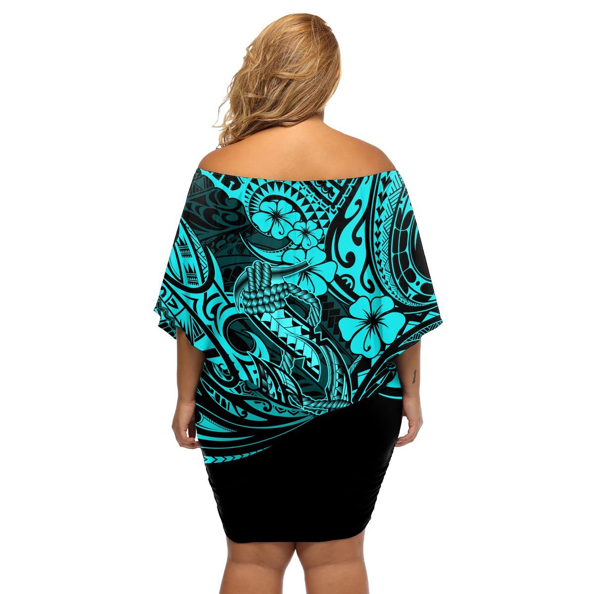 Hawaii Fish Hook Off Shoulder Short Dress Hibiscus Hawaii Tribal Tattoo Turquoise Version LT01 - Polynesian Pride