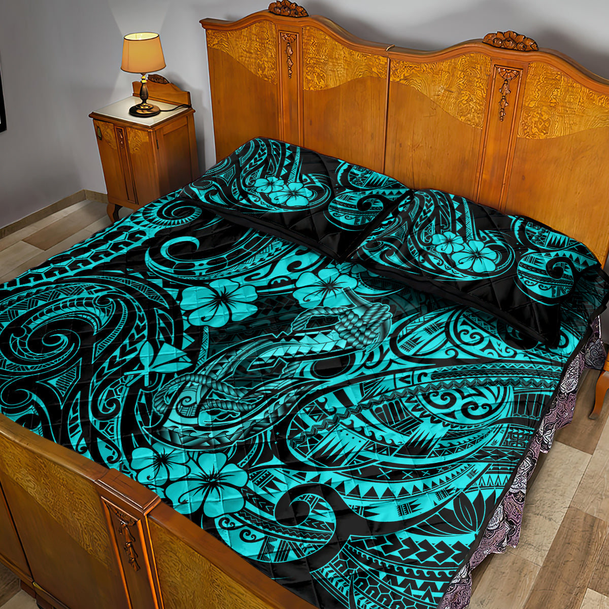 Hawaii Fish Hook Quilt Bed Set Hibiscus Hawaii Tribal Tattoo Turquoise Version LT01 - Polynesian Pride