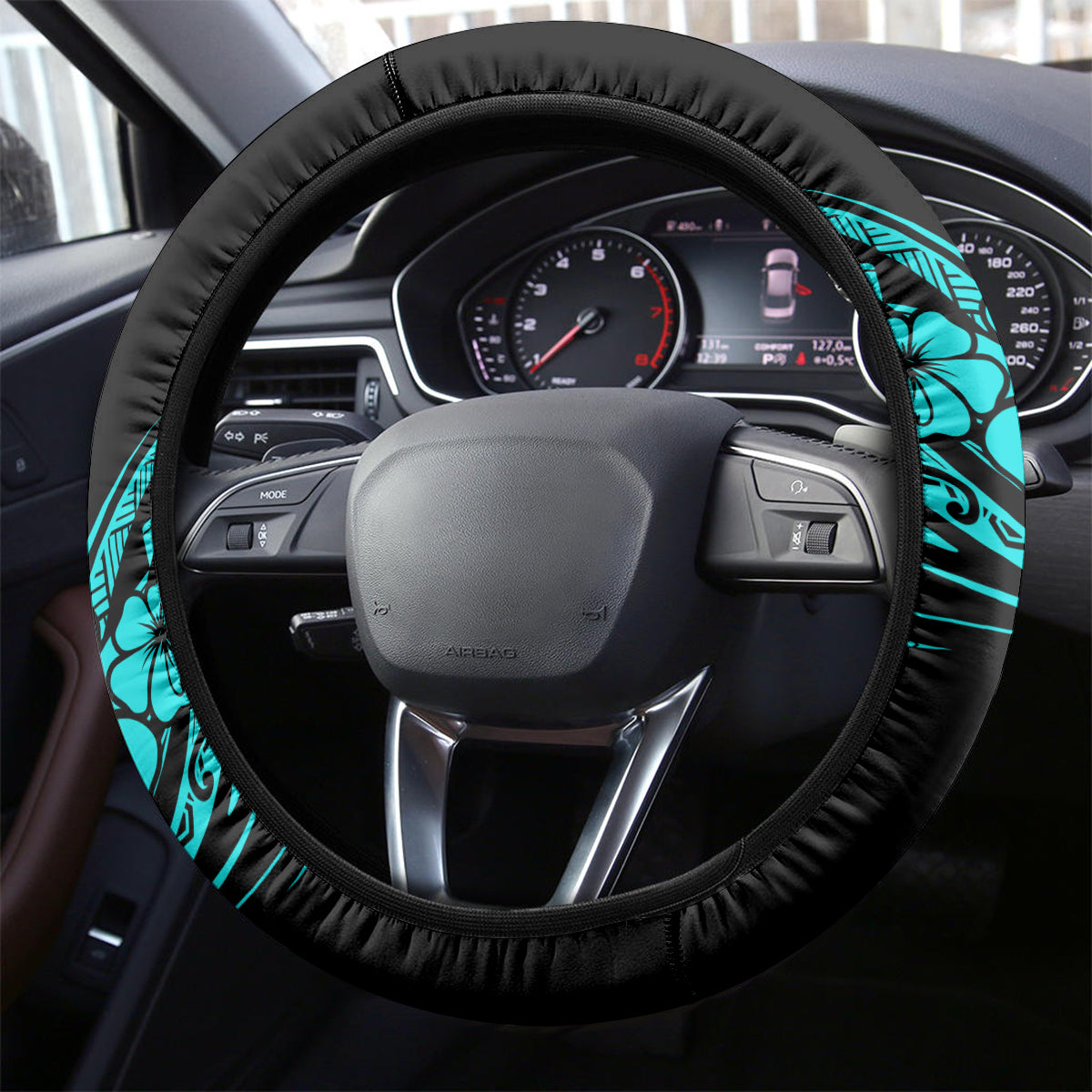 Hawaii Fish Hook Steering Wheel Cover Hibiscus Hawaii Tribal Tattoo Turquoise Version LT01 - Polynesian Pride