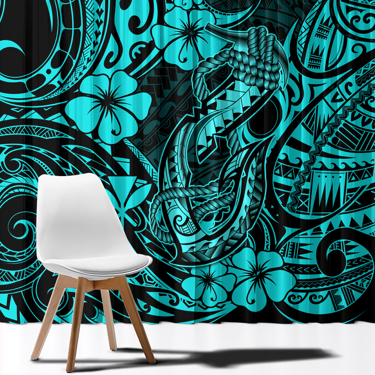 Hawaii Fish Hook Window Curtain Hibiscus Hawaii Tribal Tattoo Turquoise Version LT01 - Polynesian Pride