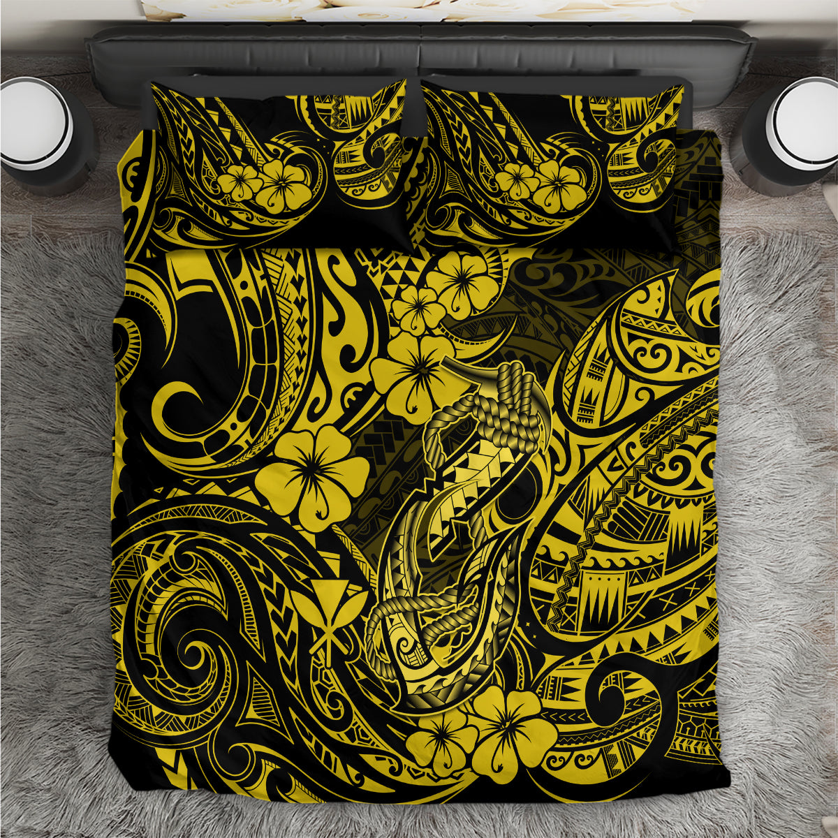 Hawaii Fish Hook Bedding Set Hibiscus Hawaii Tribal Tattoo Yellow Version LT01 Yellow - Polynesian Pride