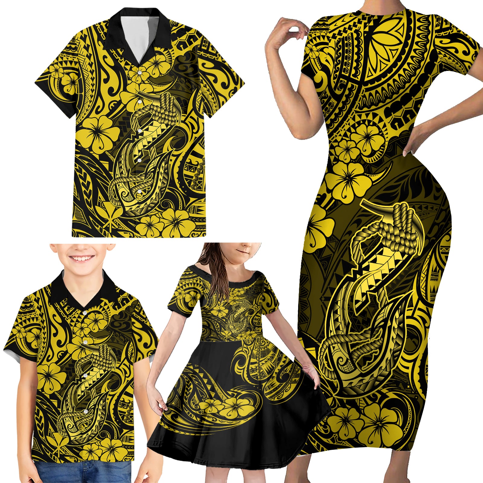 Hawaii Fish Hook Family Matching Short Sleeve Bodycon Dress and Hawaiian Shirt Hibiscus Hawaii Tribal Tattoo Yellow Version LT01 - Polynesian Pride