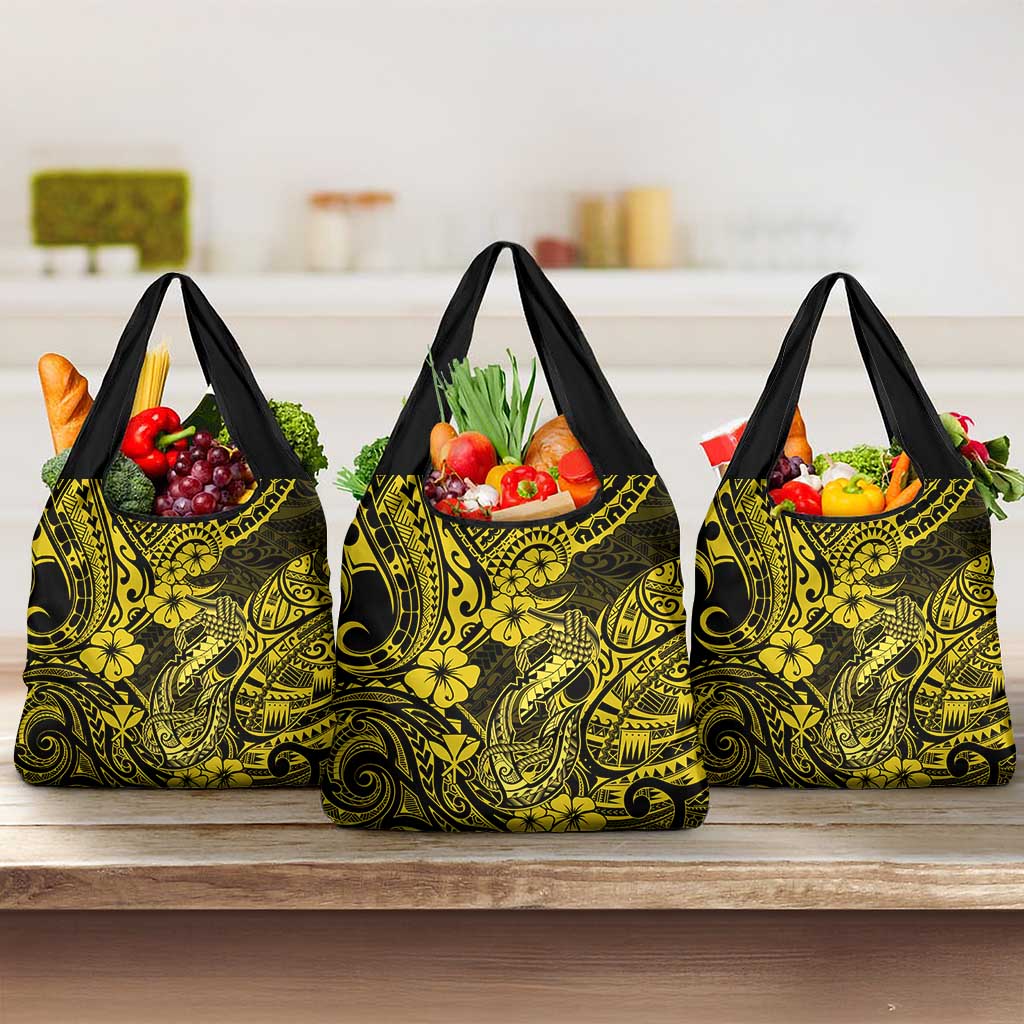Hawaii Fish Hook Grocery Bag Hibiscus Hawaii Tribal Tattoo Yellow Version LT01 3-pack One Size Yellow - Polynesian Pride