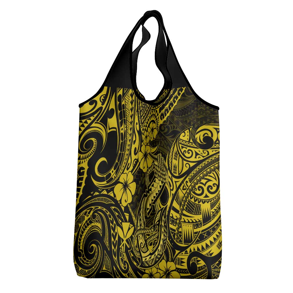 Hawaii Fish Hook Grocery Bag Hibiscus Hawaii Tribal Tattoo Yellow Version LT01 - Polynesian Pride