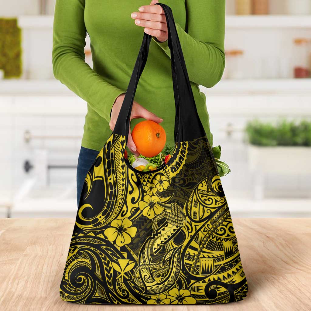 Hawaii Fish Hook Grocery Bag Hibiscus Hawaii Tribal Tattoo Yellow Version LT01 - Polynesian Pride