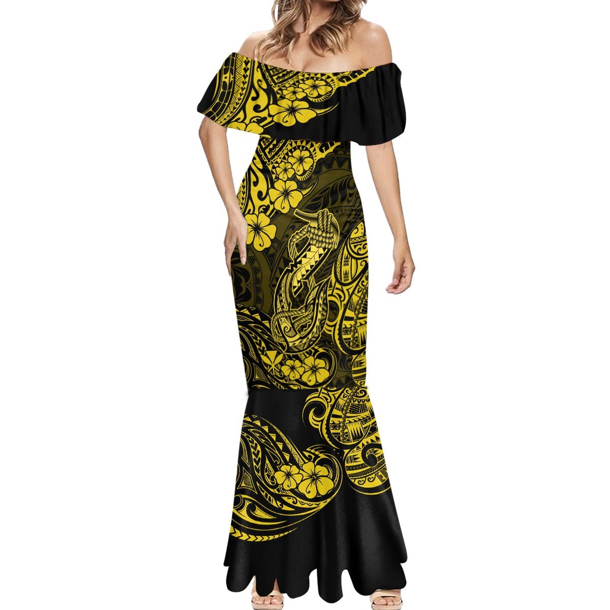 Hawaii Fish Hook Mermaid Dress Hibiscus Hawaii Tribal Tattoo Yellow Version LT01 - Polynesian Pride