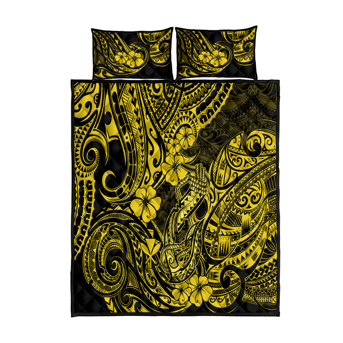 Hawaii Fish Hook Quilt Bed Set Hibiscus Hawaii Tribal Tattoo Yellow Version LT01 Yellow - Polynesian Pride