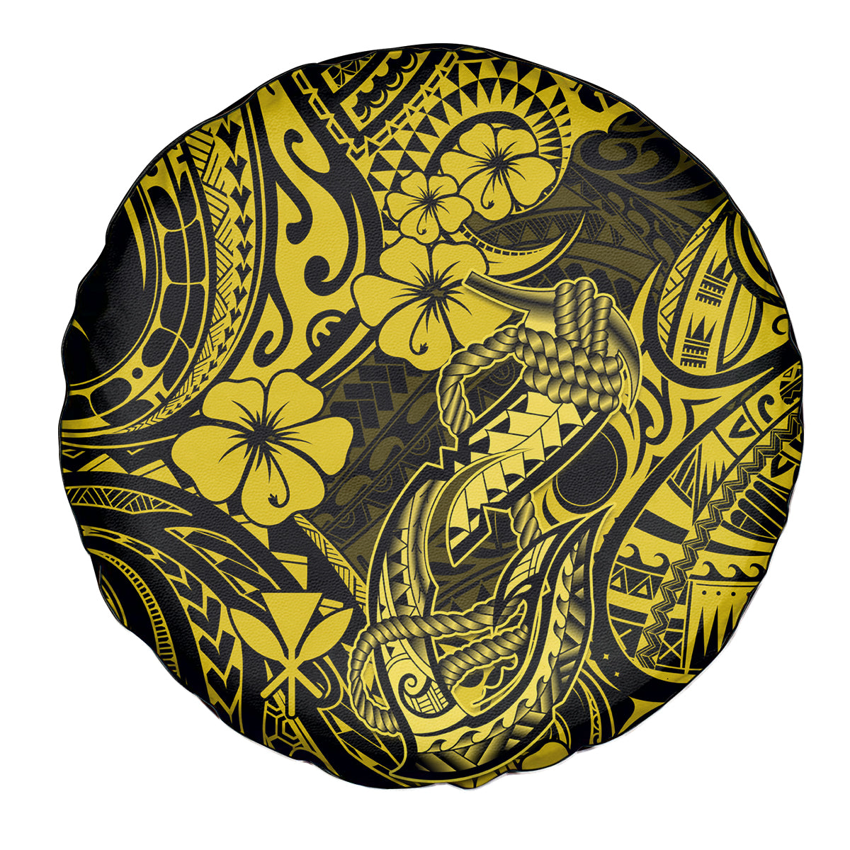 Hawaii Fish Hook Spare Tire Cover Hibiscus Hawaii Tribal Tattoo Yellow Version LT01 Yellow - Polynesian Pride