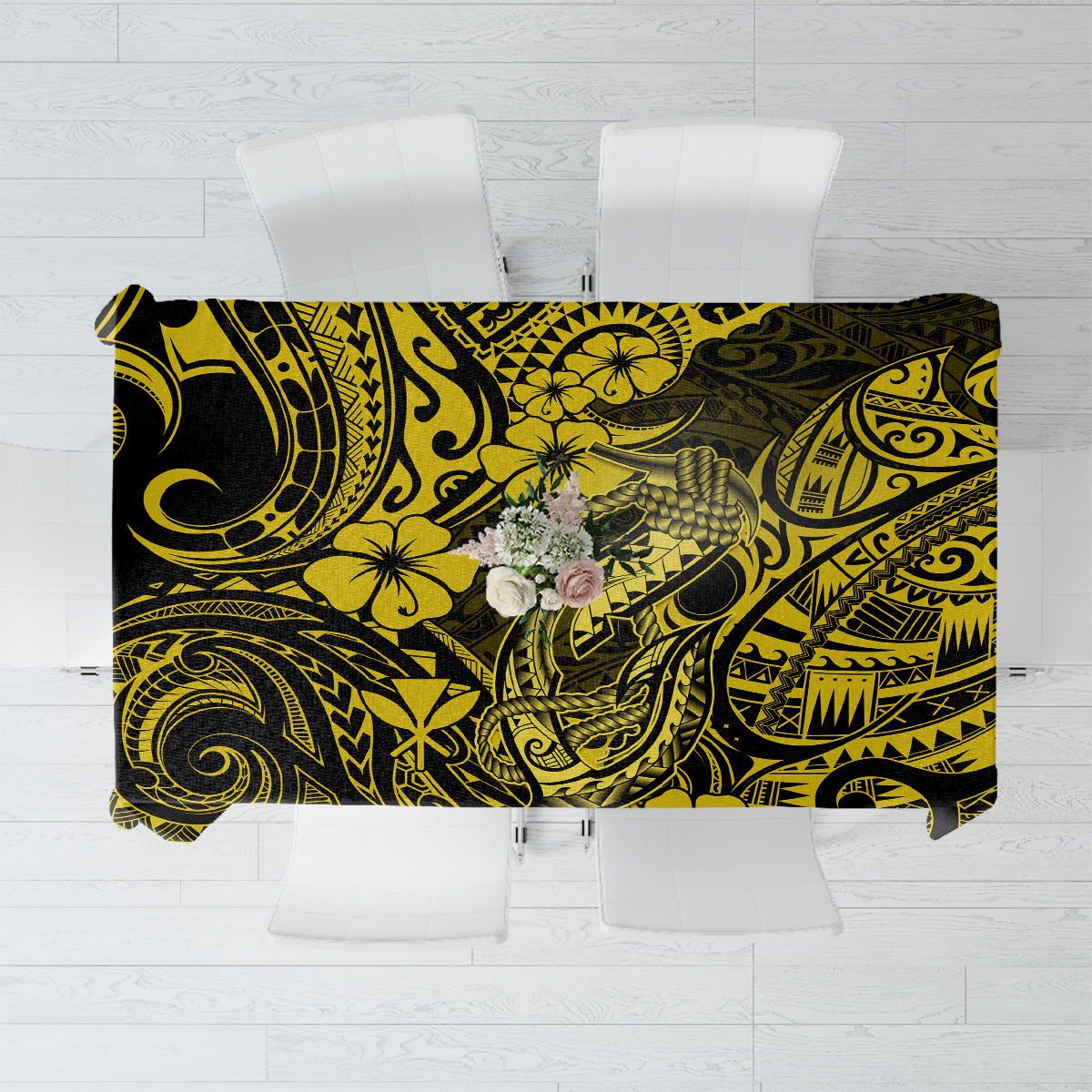 Hawaii Fish Hook Tablecloth Hibiscus Hawaii Tribal Tattoo Yellow Version LT01 Yellow - Polynesian Pride