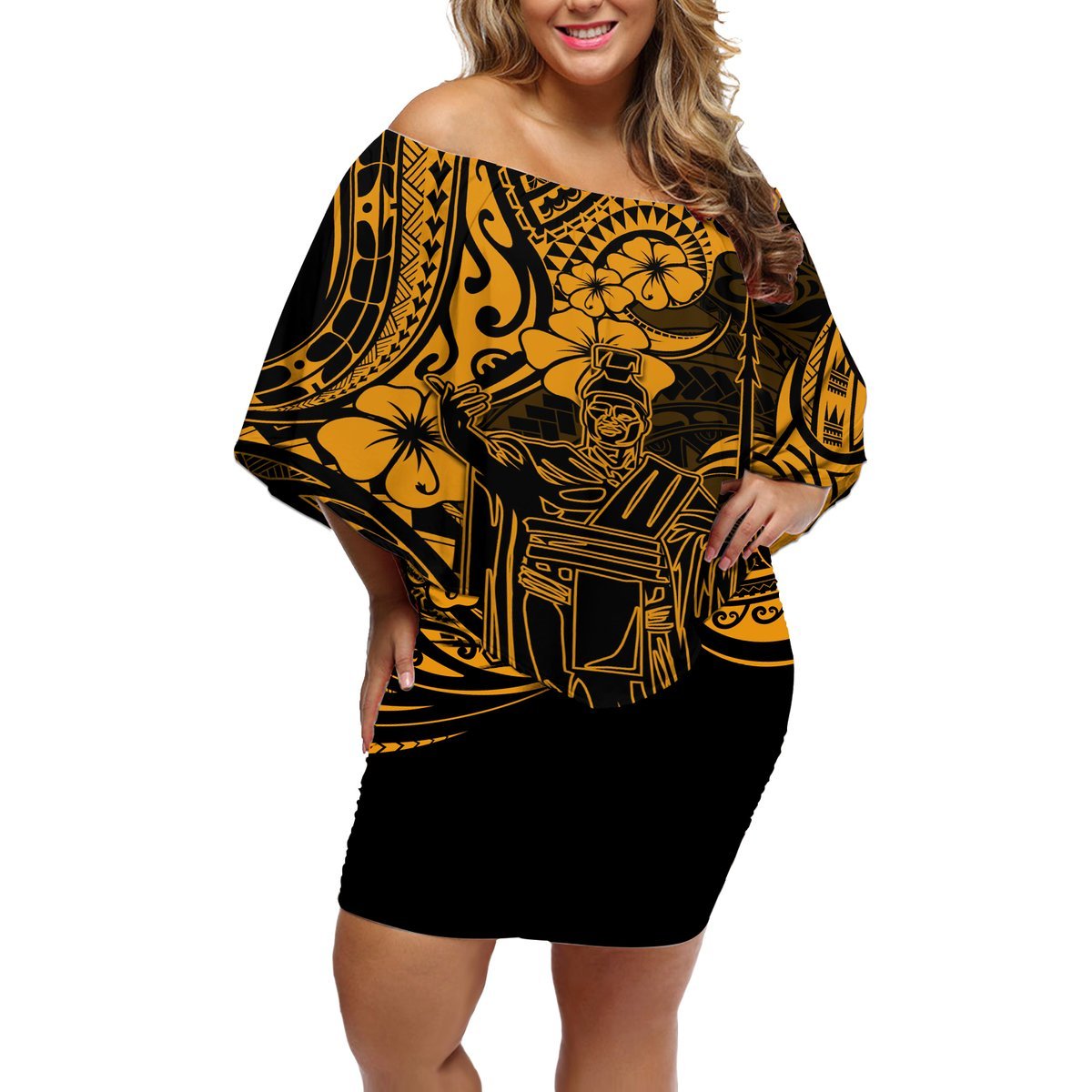 Hawaii King Kamehameha Off Shoulder Short Dress Polynesian Pattern Gold Version LT01 Women Gold - Polynesian Pride