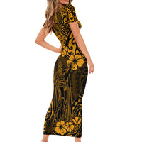 Hawaii King Kamehameha Short Sleeve Bodycon Dress Polynesian Pattern Gold Version LT01 - Polynesian Pride