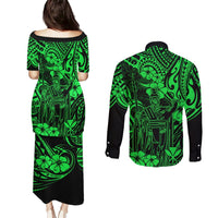 Hawaii King Kamehameha Couples Matching Puletasi Dress and Long Sleeve Button Shirts Polynesian Pattern Green Version LT01 - Polynesian Pride