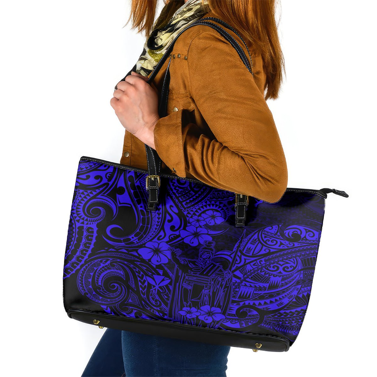 Hawaii King Kamehameha Leather Tote Bag Polynesian Pattern Navy Blue Version LT01 Blue - Polynesian Pride