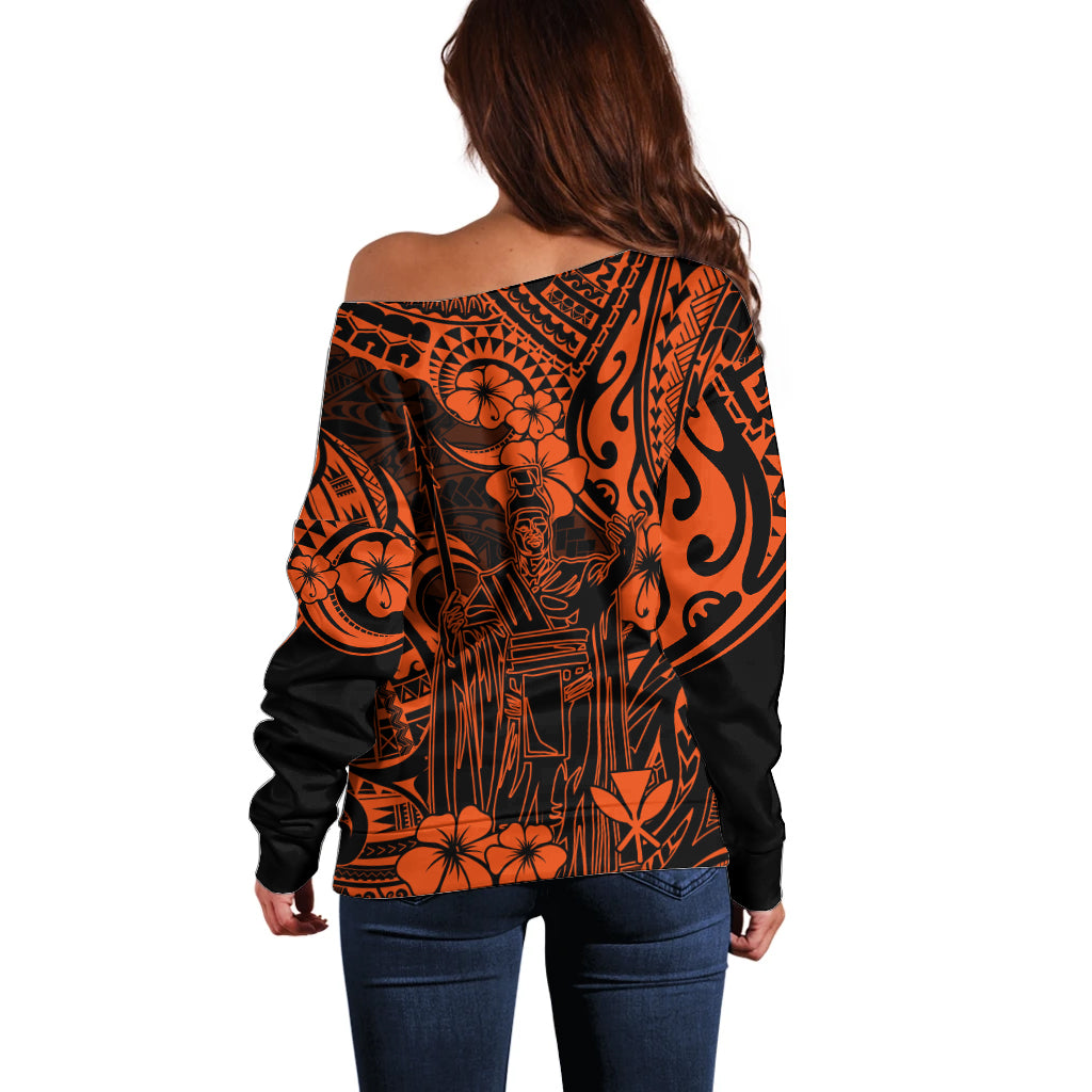 Hawaii King Kamehameha Off Shoulder Sweater Polynesian Pattern Orange Version LT01 - Polynesian Pride