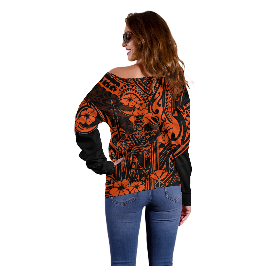 Hawaii King Kamehameha Off Shoulder Sweater Polynesian Pattern Orange Version LT01 - Polynesian Pride