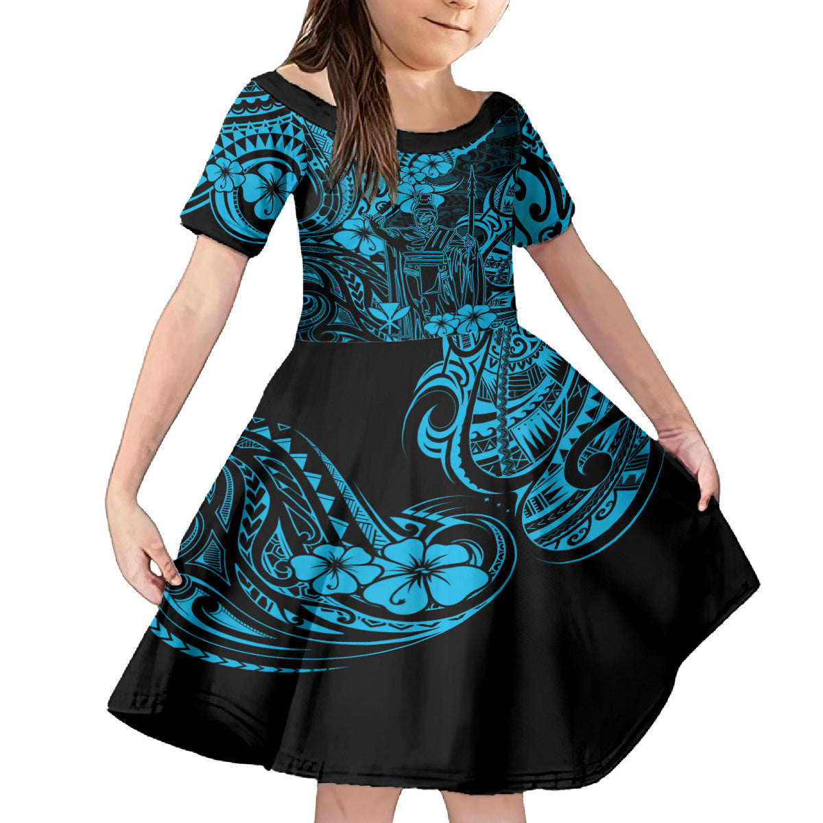 Hawaii King Kamehameha Kid Short Sleeve Dress Polynesian Pattern Sky Blue Version LT01 KID Blue - Polynesian Pride