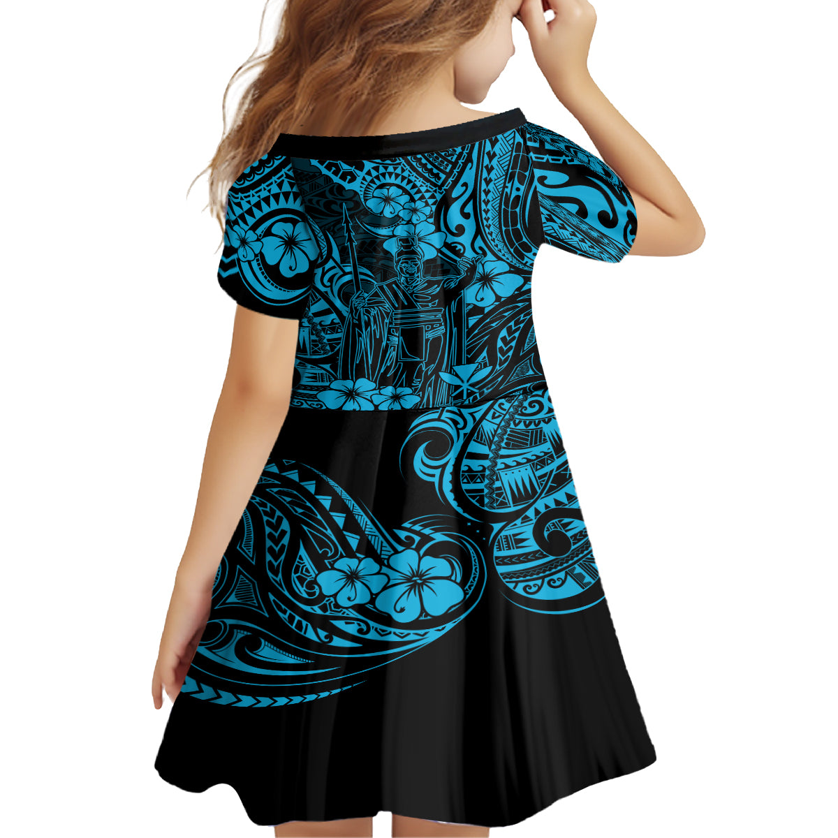 Hawaii King Kamehameha Kid Short Sleeve Dress Polynesian Pattern Sky Blue Version LT01 - Polynesian Pride
