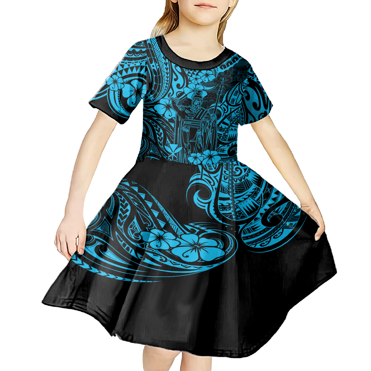 Hawaii King Kamehameha Kid Short Sleeve Dress Polynesian Pattern Sky Blue Version LT01 - Polynesian Pride