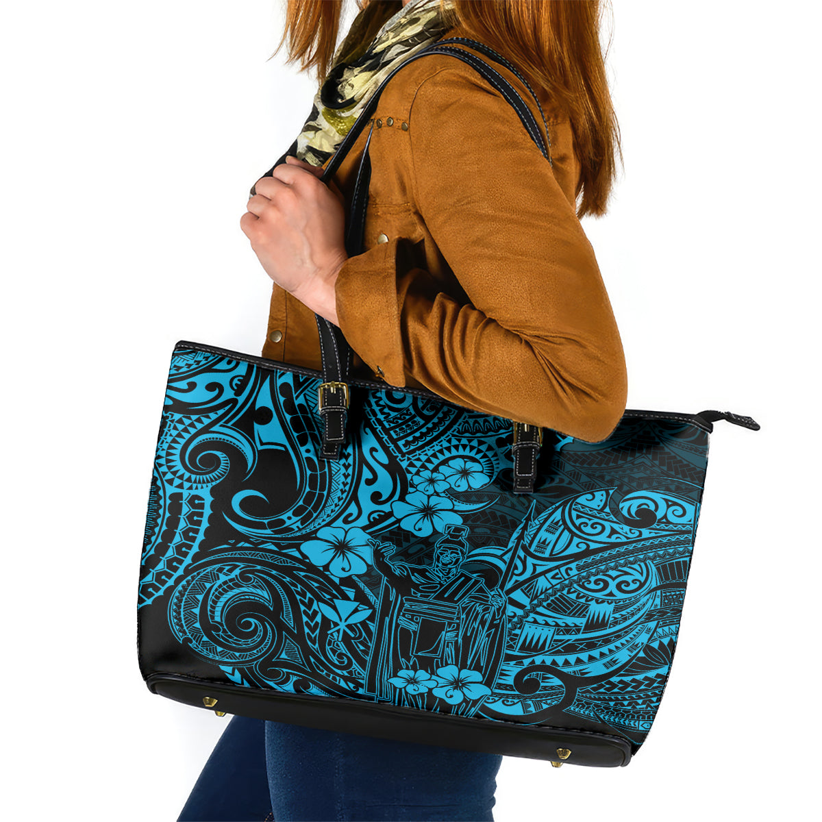 Hawaii King Kamehameha Leather Tote Bag Polynesian Pattern Sky Blue Version LT01 Blue - Polynesian Pride