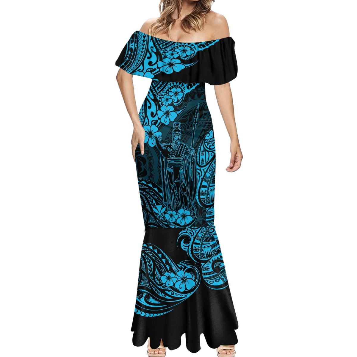 Hawaii King Kamehameha Mermaid Dress Polynesian Pattern Sky Blue Version LT01 - Polynesian Pride