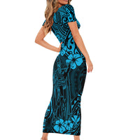 Hawaii King Kamehameha Short Sleeve Bodycon Dress Polynesian Pattern Sky Blue Version LT01 - Polynesian Pride
