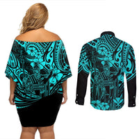 Hawaii King Kamehameha Couples Matching Off Shoulder Short Dress and Long Sleeve Button Shirts Polynesian Pattern Turquoise Version LT01 - Polynesian Pride