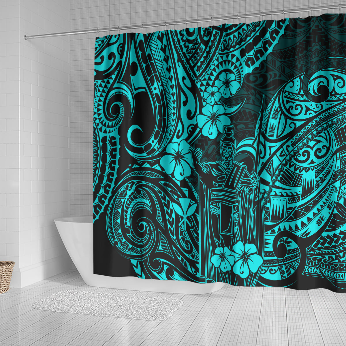 Hawaii King Kamehameha Shower Curtain Polynesian Pattern Turquoise Version LT01 - Polynesian Pride
