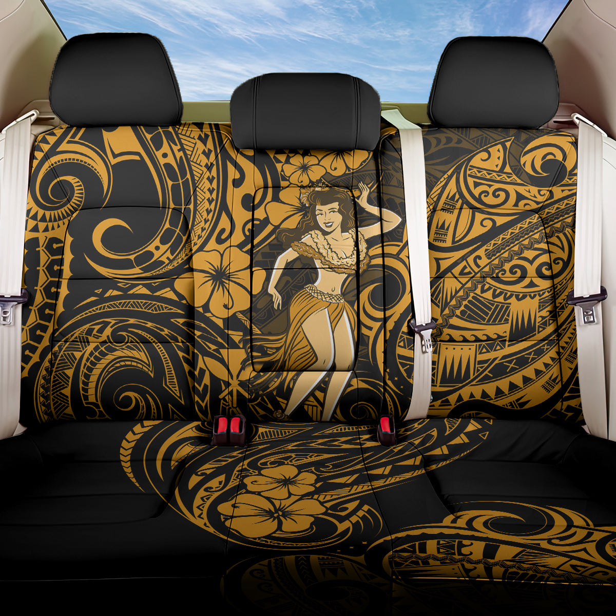 Hawaii Hula Girl Back Car Seat Cover Polynesian Pattern Gold Version LT01 One Size Gold - Polynesian Pride