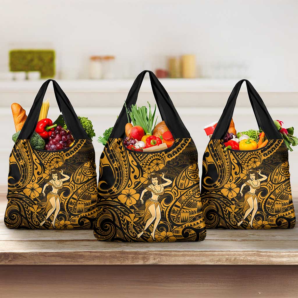Hawaii Hula Girl Grocery Bag Polynesian Pattern Gold Version LT01 3-pack One Size Gold - Polynesian Pride