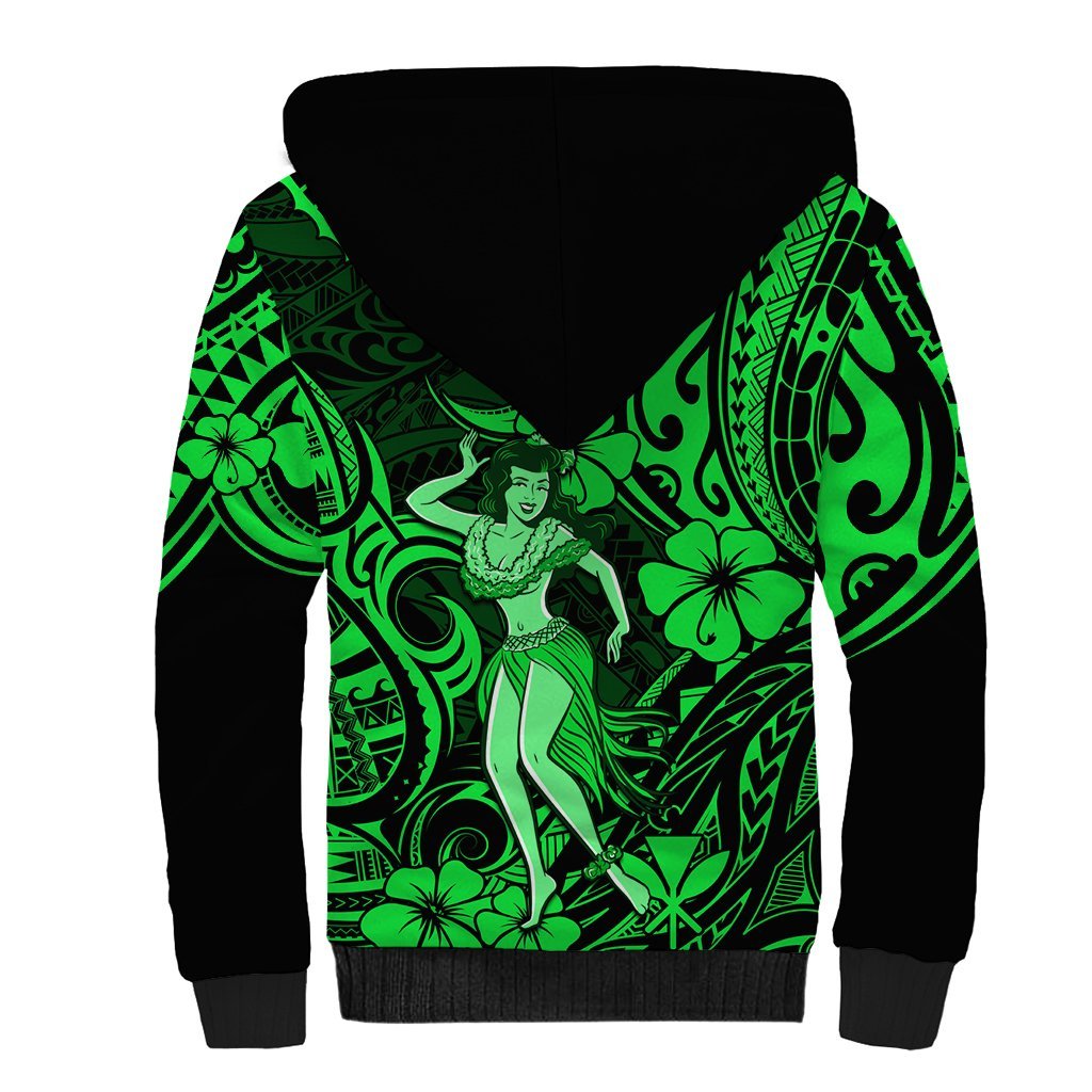 Hawaii Hula Girl Sherpa Hoodie Polynesian Pattern Green Version LT01 - Polynesian Pride