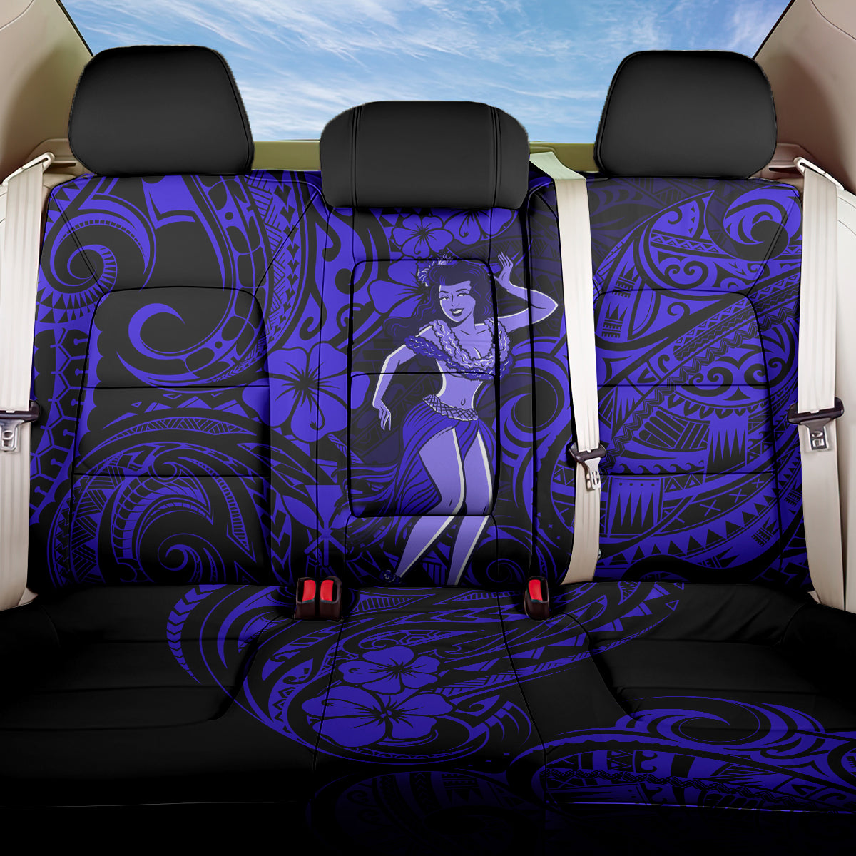 Hawaii Hula Girl Back Car Seat Cover Polynesian Pattern Navy Blue Version LT01 One Size Blue - Polynesian Pride
