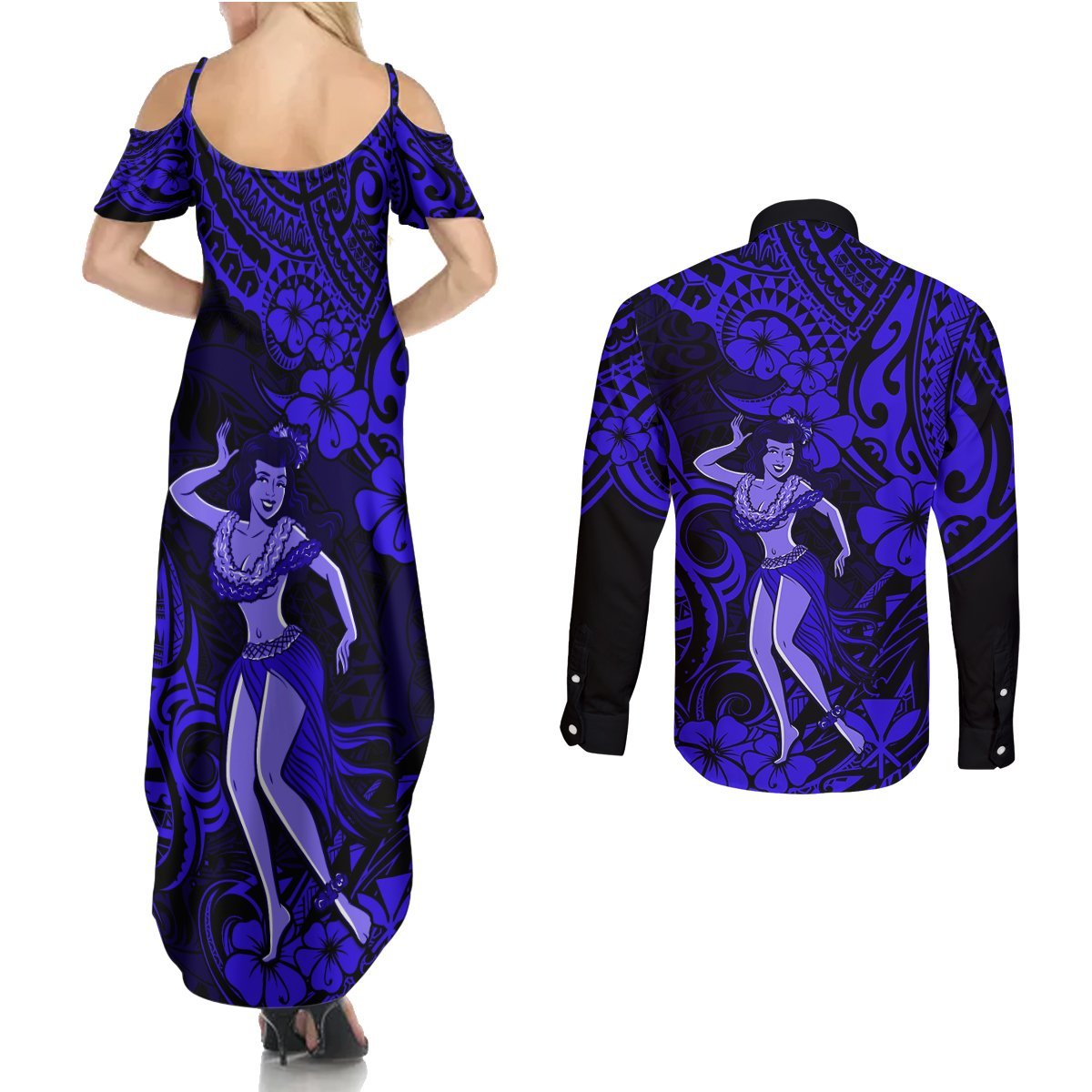 Hawaii Hula Girl Couples Matching Summer Maxi Dress and Long Sleeve Button Shirts Polynesian Pattern Navy Blue Version LT01 - Polynesian Pride