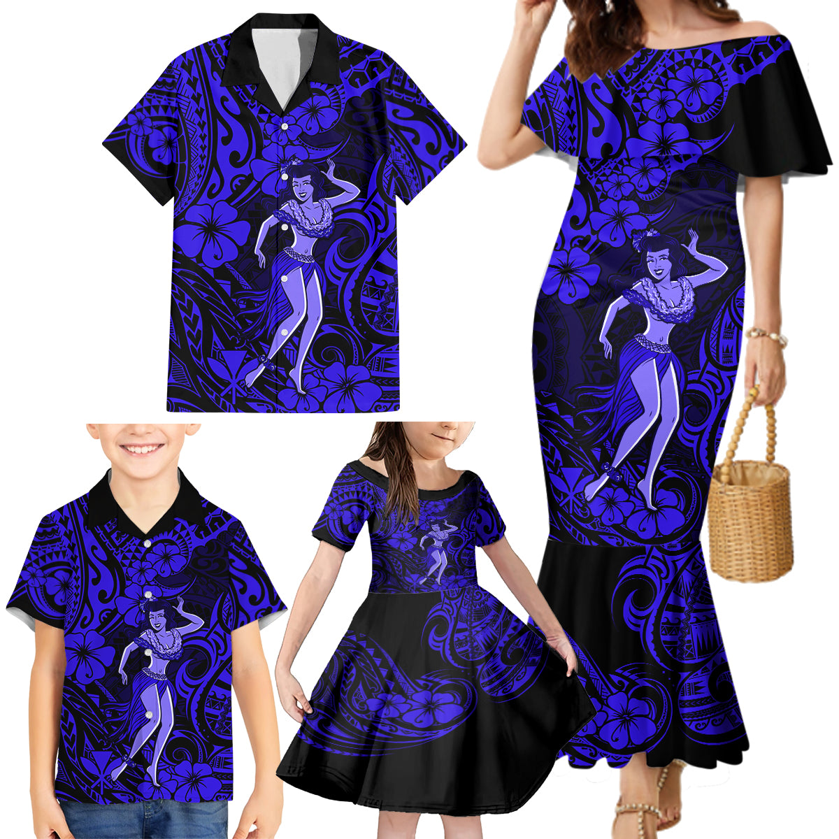 Hawaii Hula Girl Family Matching Mermaid Dress and Hawaiian Shirt Polynesian Pattern Navy Blue Version LT01 - Polynesian Pride