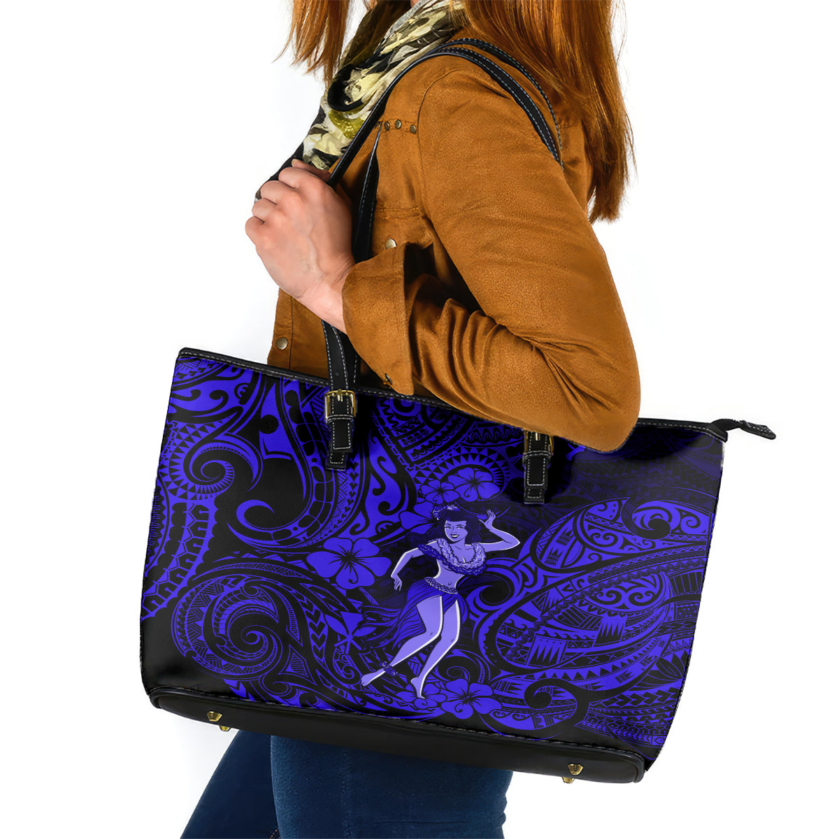 Hawaii Hula Girl Leather Tote Bag Polynesian Pattern Navy Blue Version LT01 Blue - Polynesian Pride