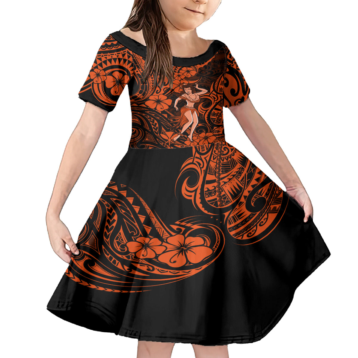 Hawaii Hula Girl Kid Short Sleeve Dress Polynesian Pattern Orange Version LT01 KID Orange - Polynesian Pride