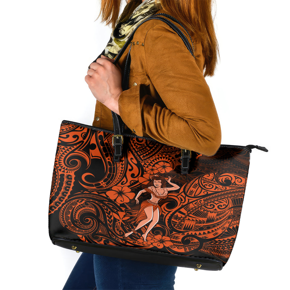 Hawaii Hula Girl Leather Tote Bag Polynesian Pattern Orange Version LT01 Orange - Polynesian Pride