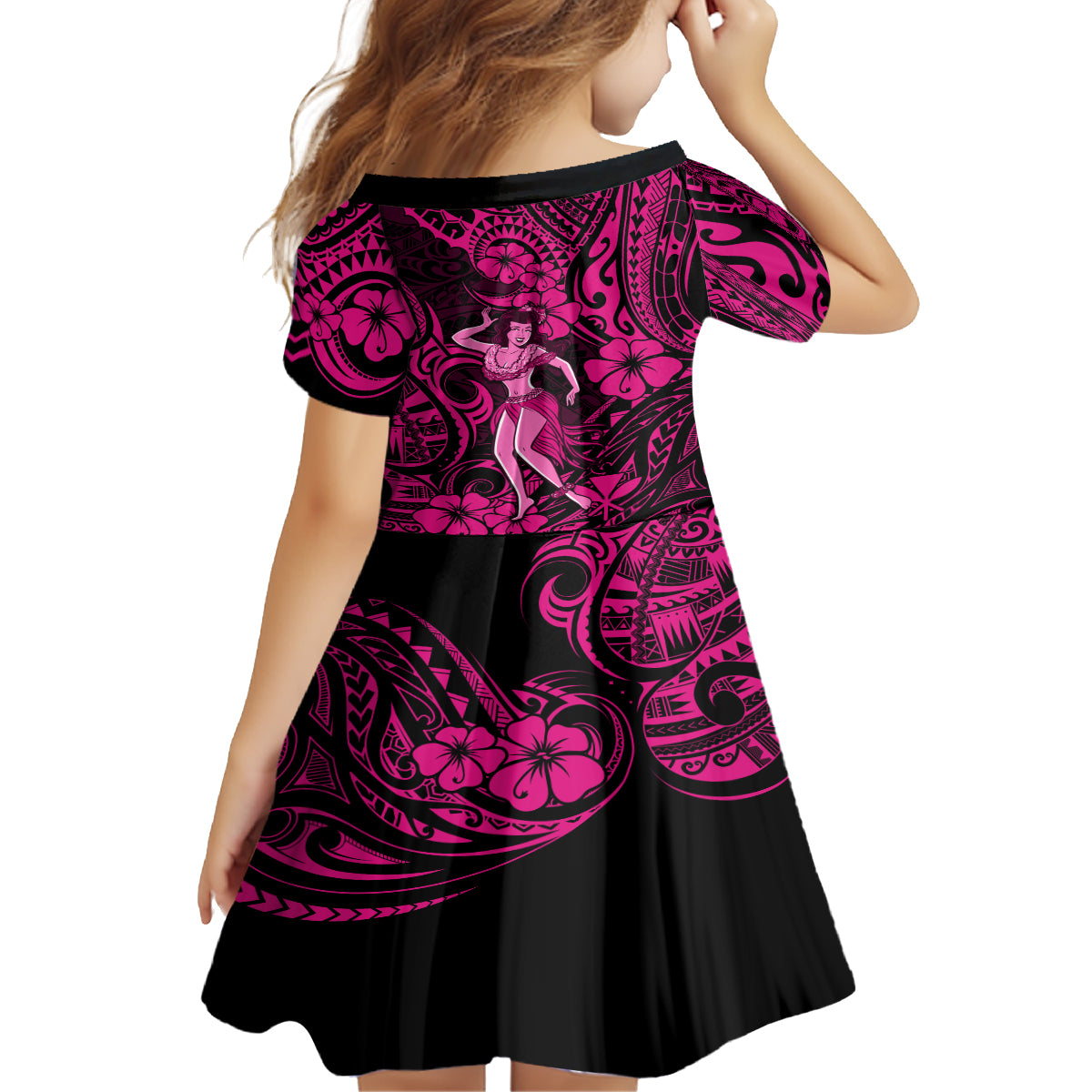 Hawaii Hula Girl Kid Short Sleeve Dress Polynesian Pattern Pink Version LT01 - Polynesian Pride
