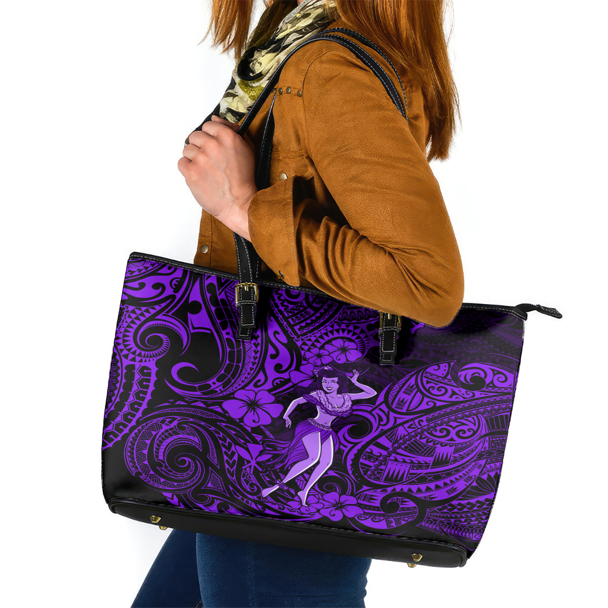 Hawaii Hula Girl Leather Tote Bag Hibiscus Hawaii Tribal Tattoo Purple Version LT01 Purple - Polynesian Pride