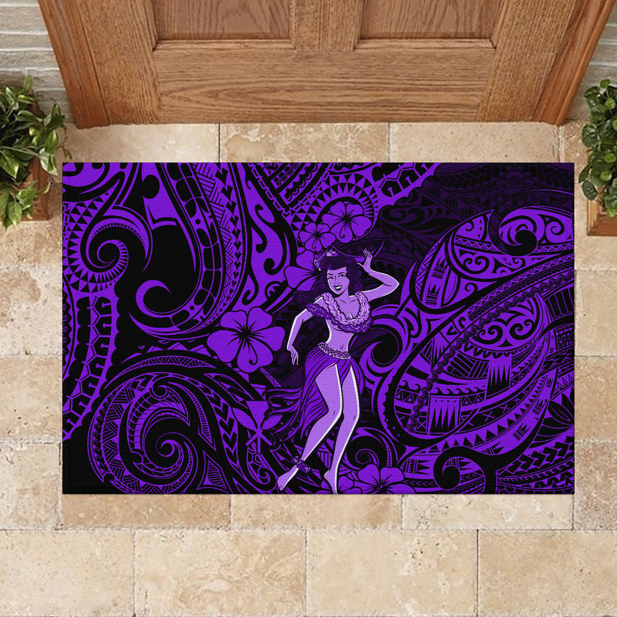 Hawaii Hula Girl Rubber Doormat Hibiscus Hawaii Tribal Tattoo Purple Version LT01 - Polynesian Pride