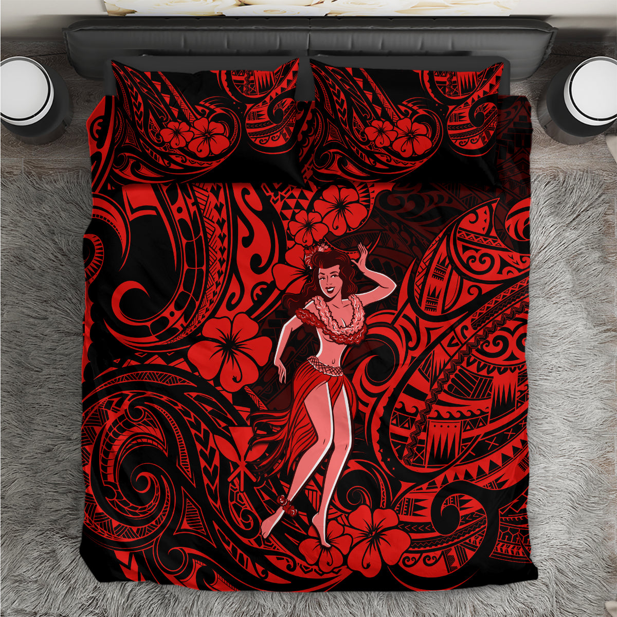 Hawaii Hula Girl Bedding Set Hibiscus Hawaii Tribal Tattoo Red Version LT01 Red - Polynesian Pride