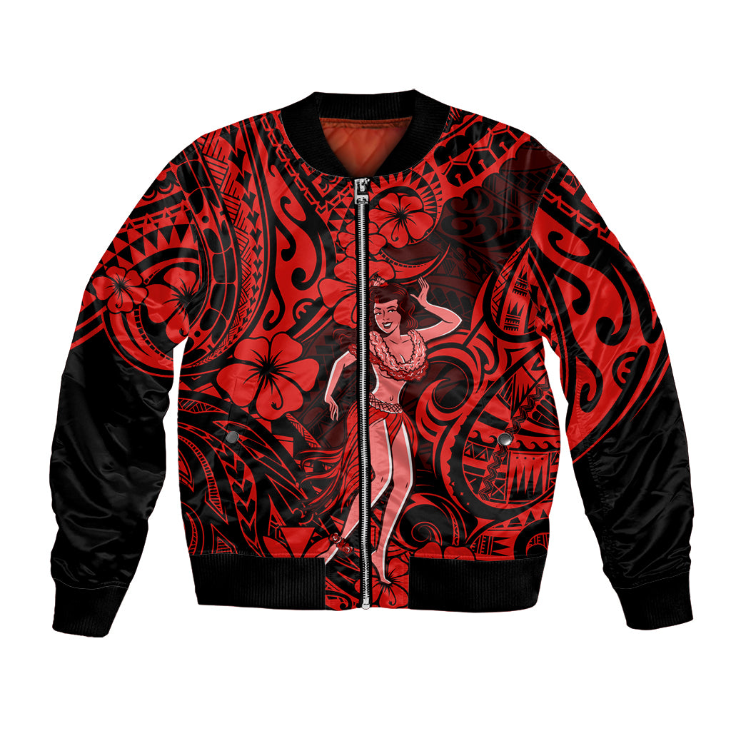 Hawaii Hula Girl Bomber Jacket Hibiscus Hawaii Tribal Tattoo Red Version LT01 Unisex Red - Polynesian Pride