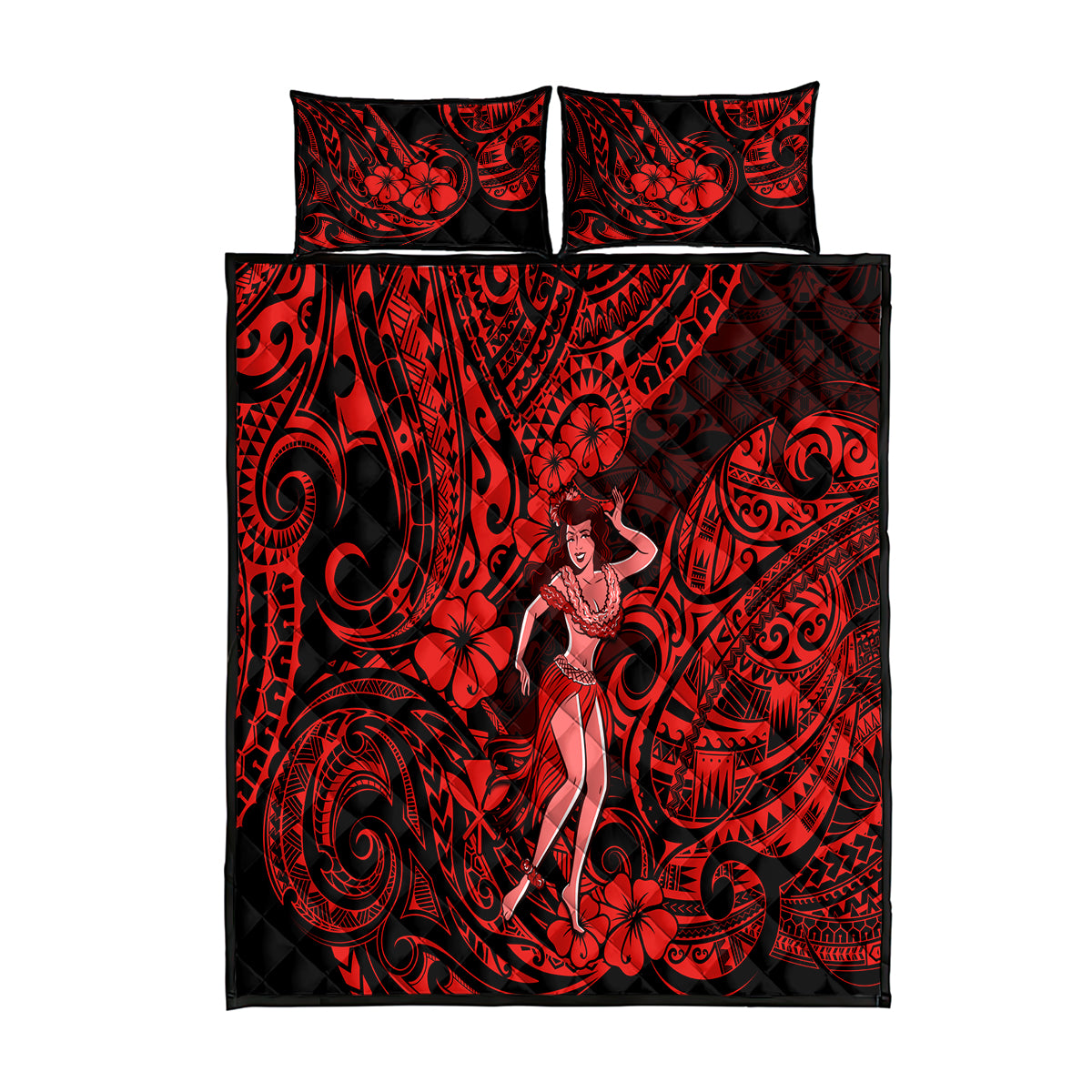 Hawaii Hula Girl Quilt Bed Set Hibiscus Hawaii Tribal Tattoo Red Version LT01 Red - Polynesian Pride