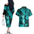 Hawaii Hula Girl Couples Matching Off The Shoulder Long Sleeve Dress and Hawaiian Shirt Hibiscus Hawaii Tribal Tattoo Turquoise Version LT01 - Polynesian Pride