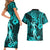 Hawaii Hula Girl Couples Matching Short Sleeve Bodycon Dress and Hawaiian Shirt Hibiscus Hawaii Tribal Tattoo Turquoise Version LT01 - Polynesian Pride