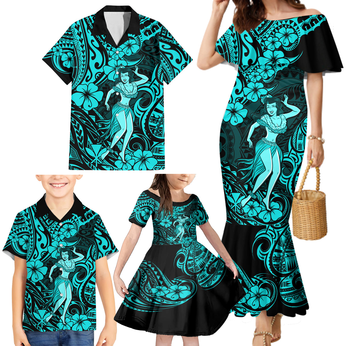 Hawaii Hula Girl Family Matching Mermaid Dress and Hawaiian Shirt Hibiscus Hawaii Tribal Tattoo Turquoise Version LT01 - Polynesian Pride