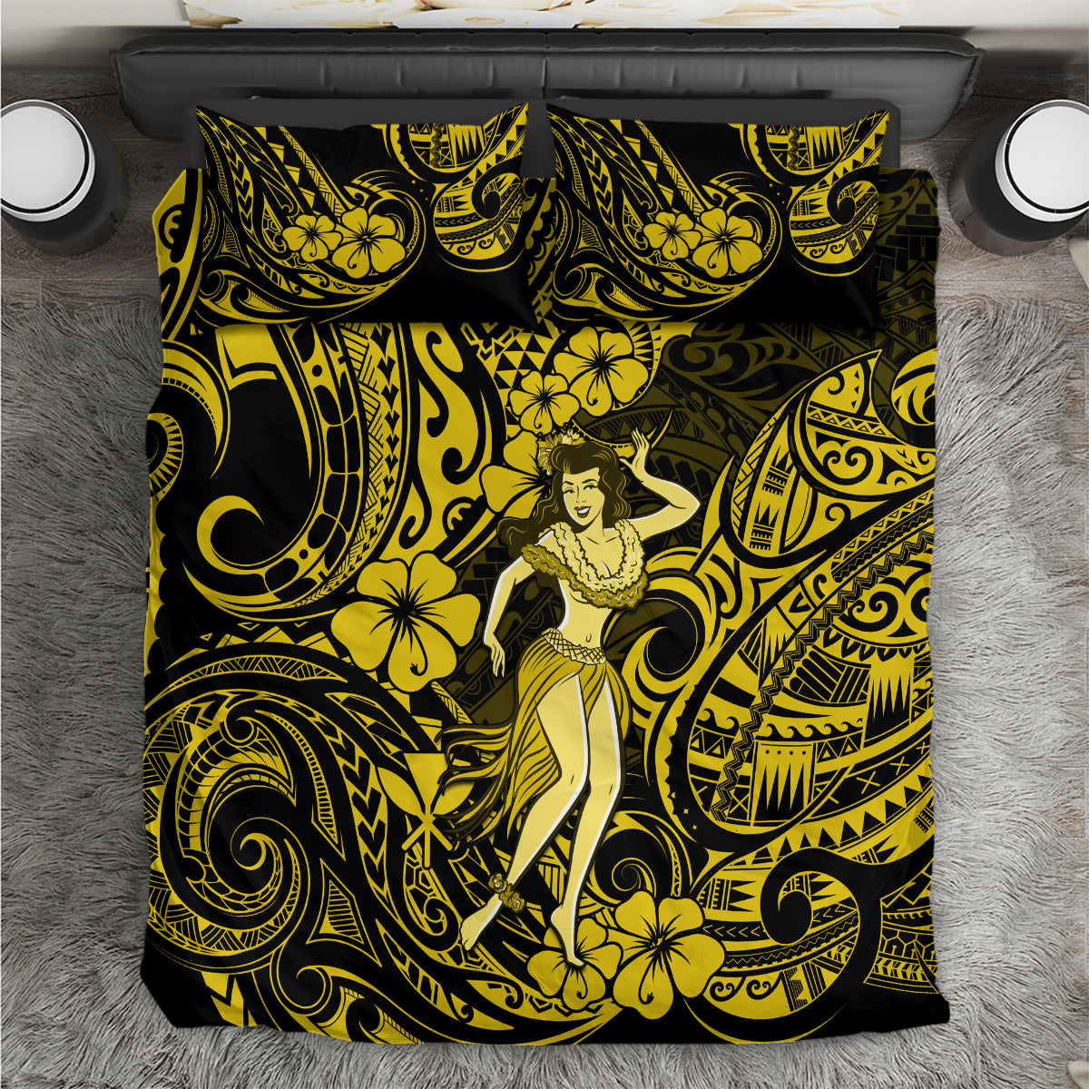 Hawaii Hula Girl Bedding Set Hibiscus Hawaii Tribal Tattoo Yellow Version LT01 Yellow - Polynesian Pride