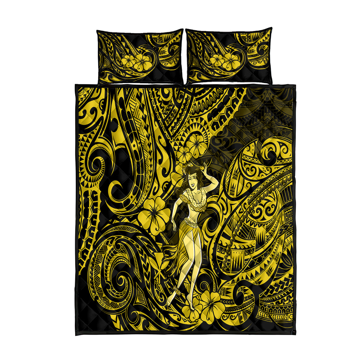 Hawaii Hula Girl Quilt Bed Set Hibiscus Hawaii Tribal Tattoo Yellow Version LT01 Yellow - Polynesian Pride