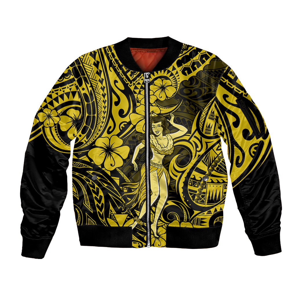 Hawaii Hula Girl Sleeve Zip Bomber Jacket Hibiscus Hawaii Tribal Tattoo Yellow Version LT01 Unisex Yellow - Polynesian Pride
