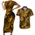 Hawaii Pineapple Couples Matching Short Sleeve Bodycon Dress and Hawaiian Shirt Paradise Flowers Pacific With Gold Polynesian Tribal LT01 Gold - Polynesian Pride